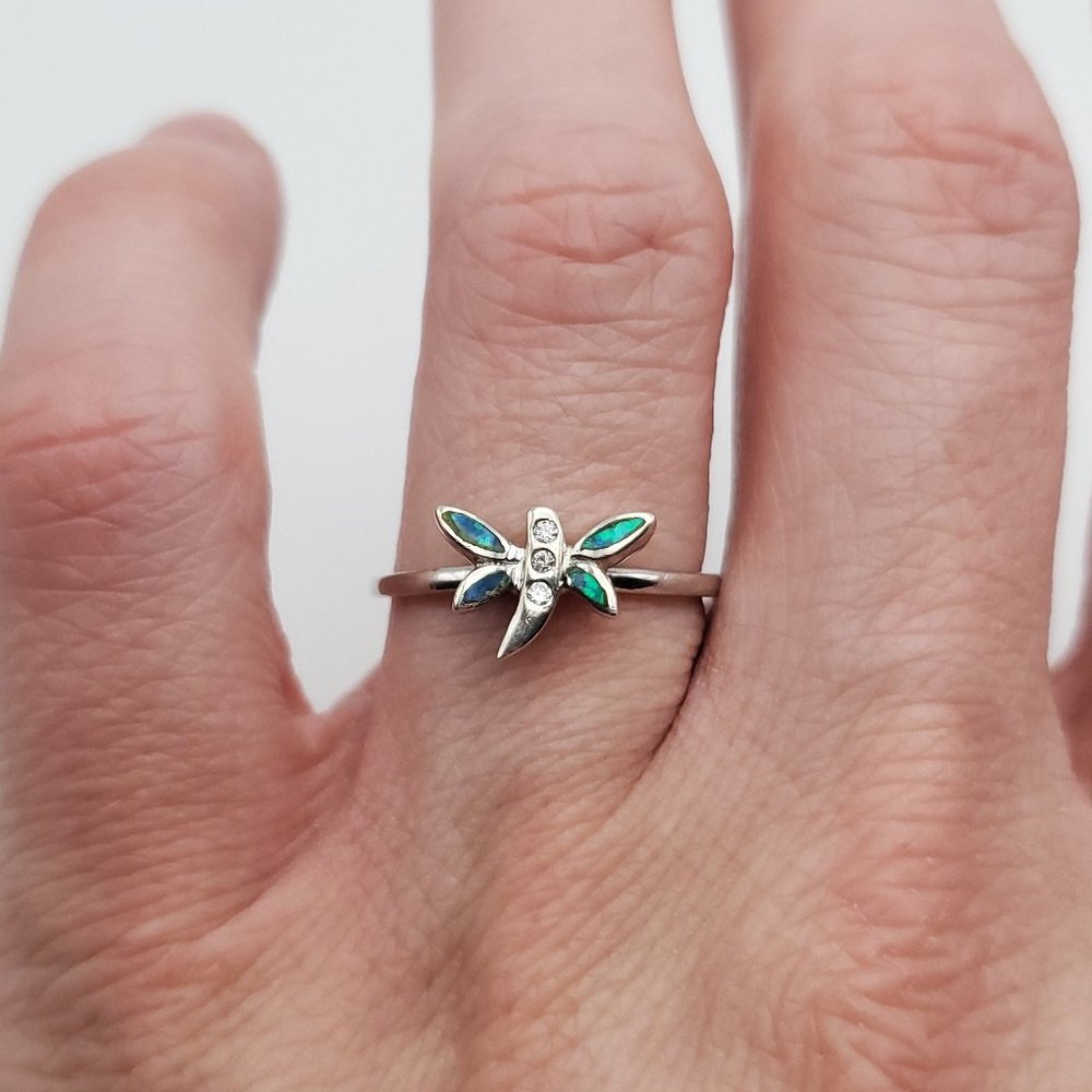 Size 7 925 Sterling Silver Opal And CZ Petite Dragonfly Ring